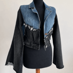 Black and blue upcycled denim jacket handcrafted from recycled jeans by Erilo