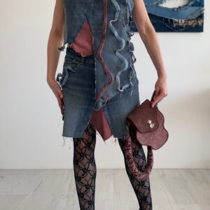 Handmade sculptural upcycled denim dress with layered asymmetrical design by ERILO