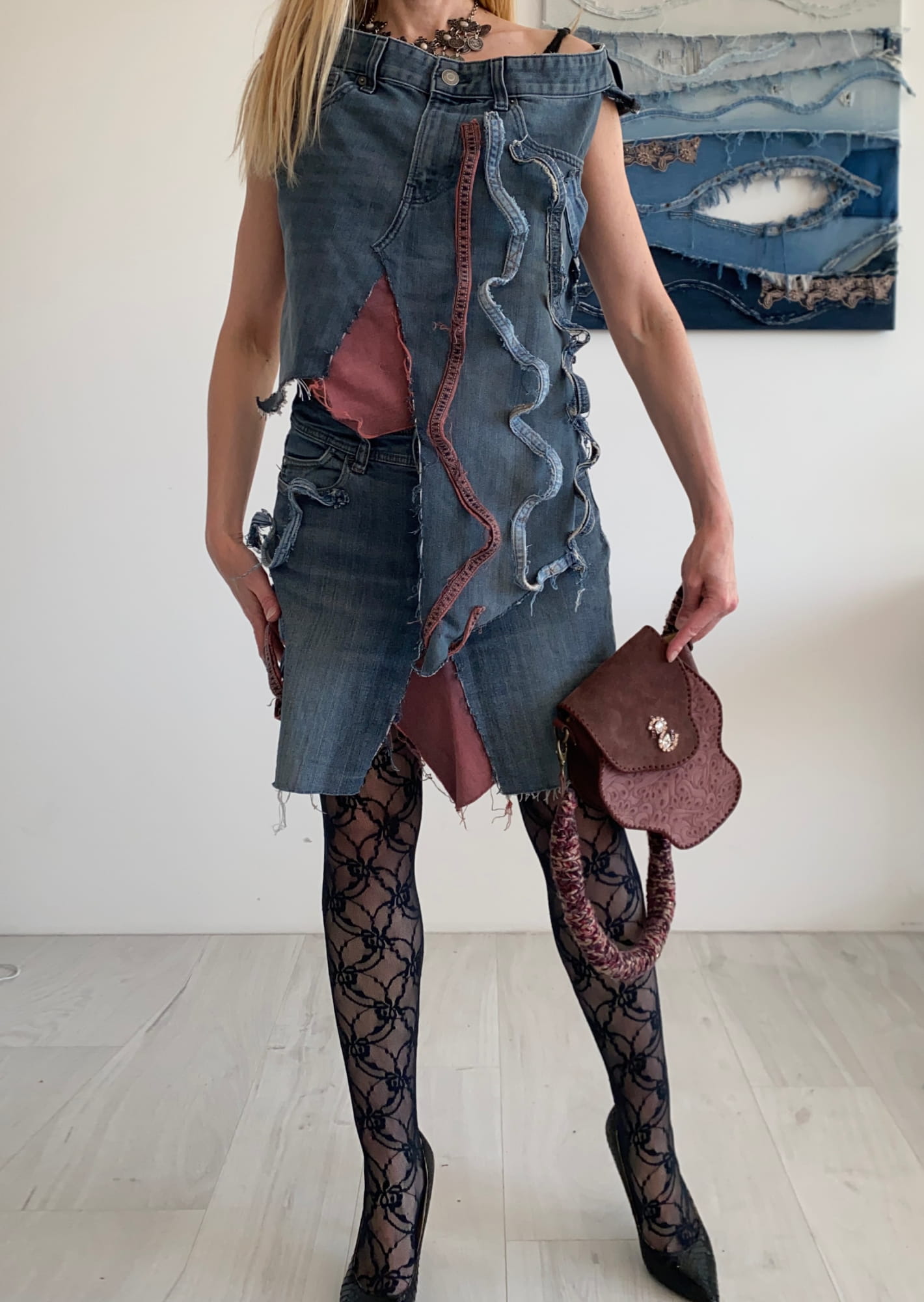 Handmade sculptural upcycled denim dress with layered asymmetrical design by ERILO