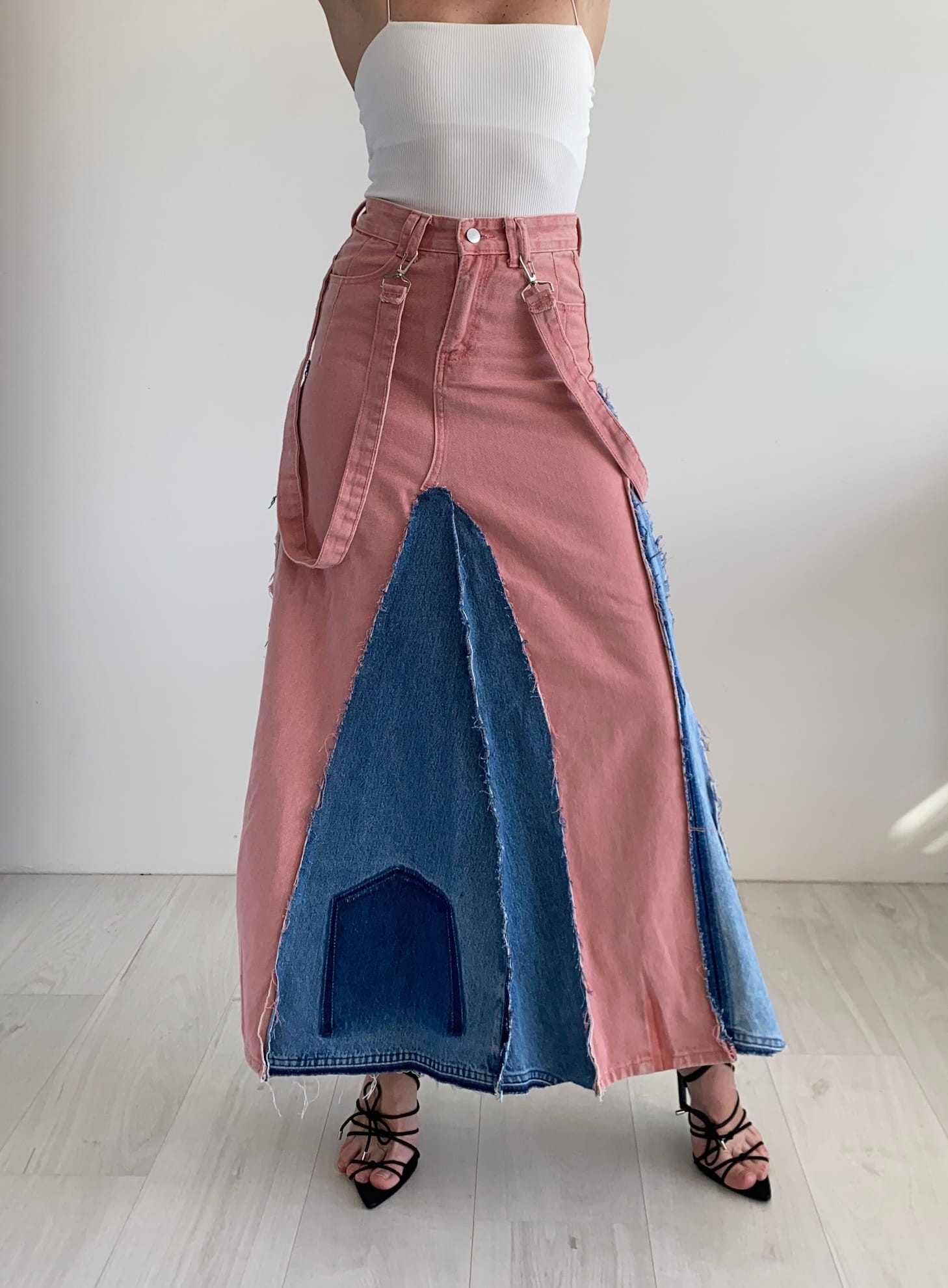 Two-tone upcycled denim maxi skirt in pink and blue, handmade by ERILO