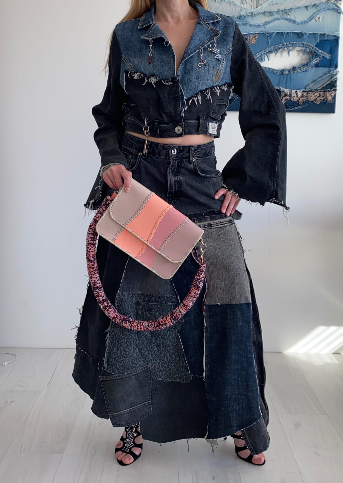 Handmade upcycled denim set with cropped jacket and patchwork maxi skirt by ERILO