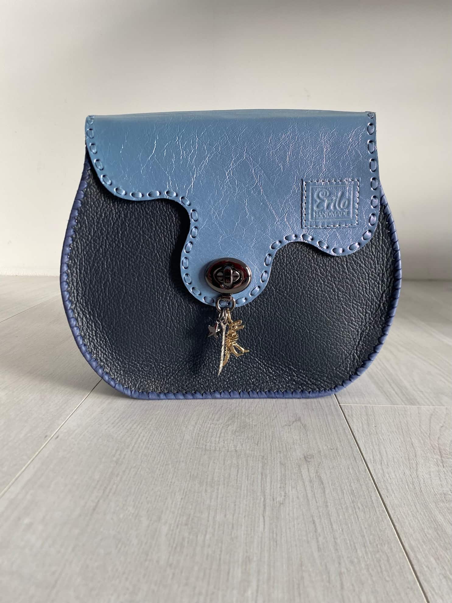 Blue leather crossbody bag front view
