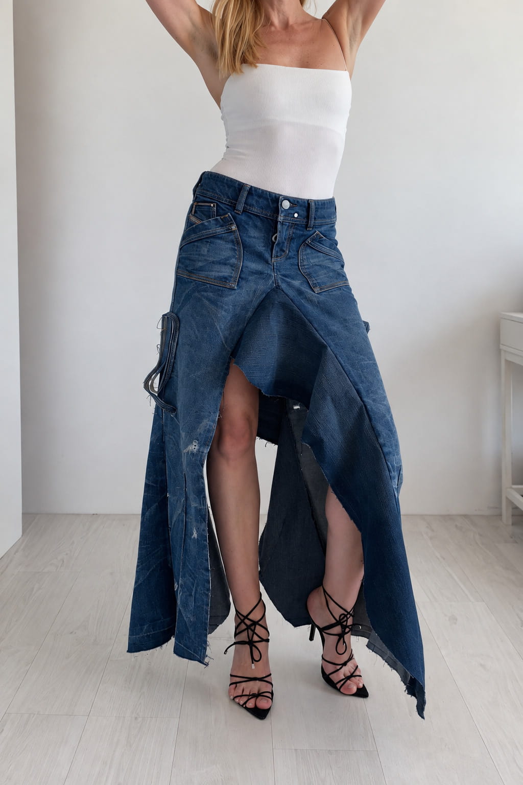 Denim Motion Sculptural Skirt – front view
