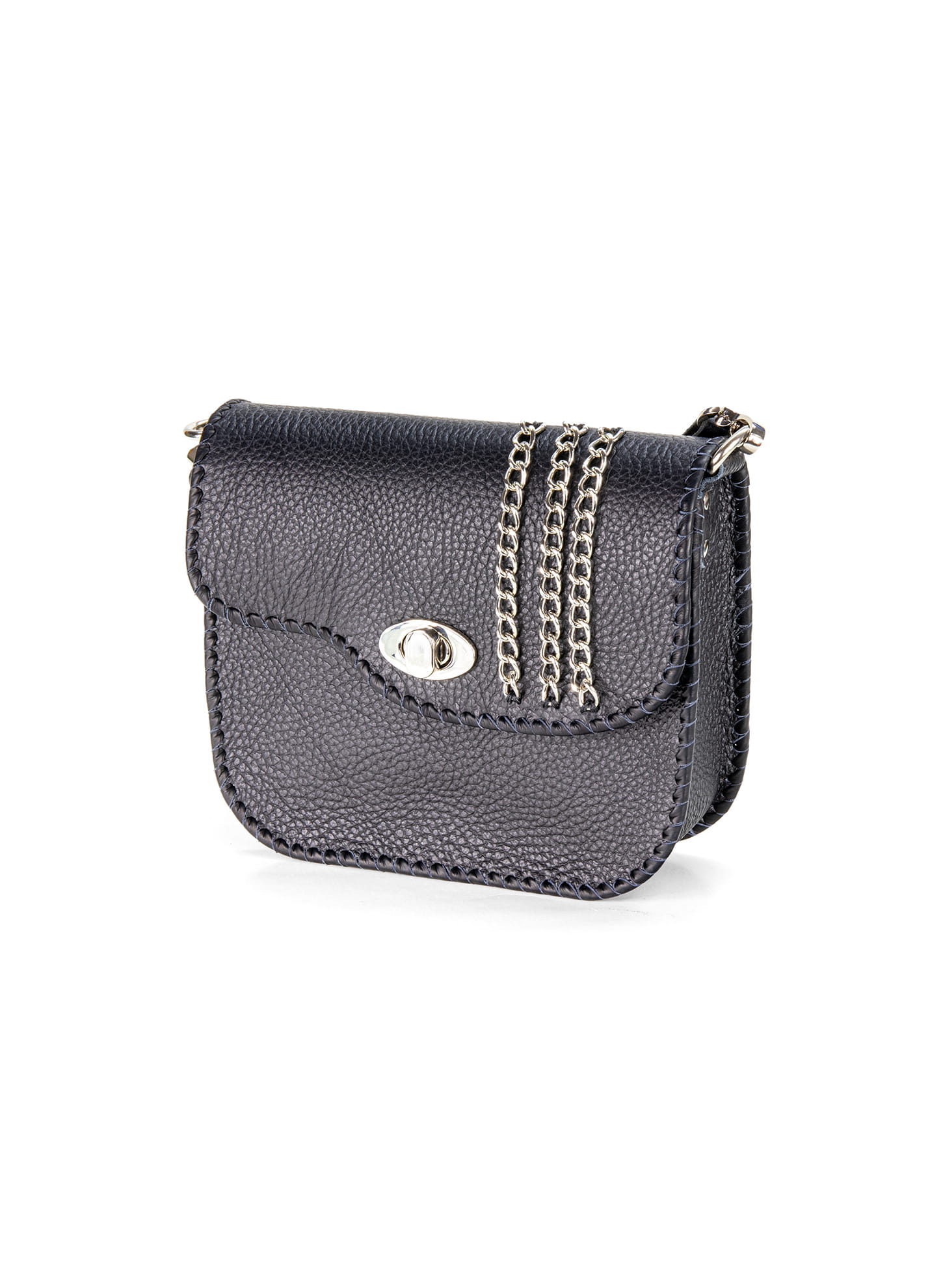 Black leather shoulder bag with silver chains