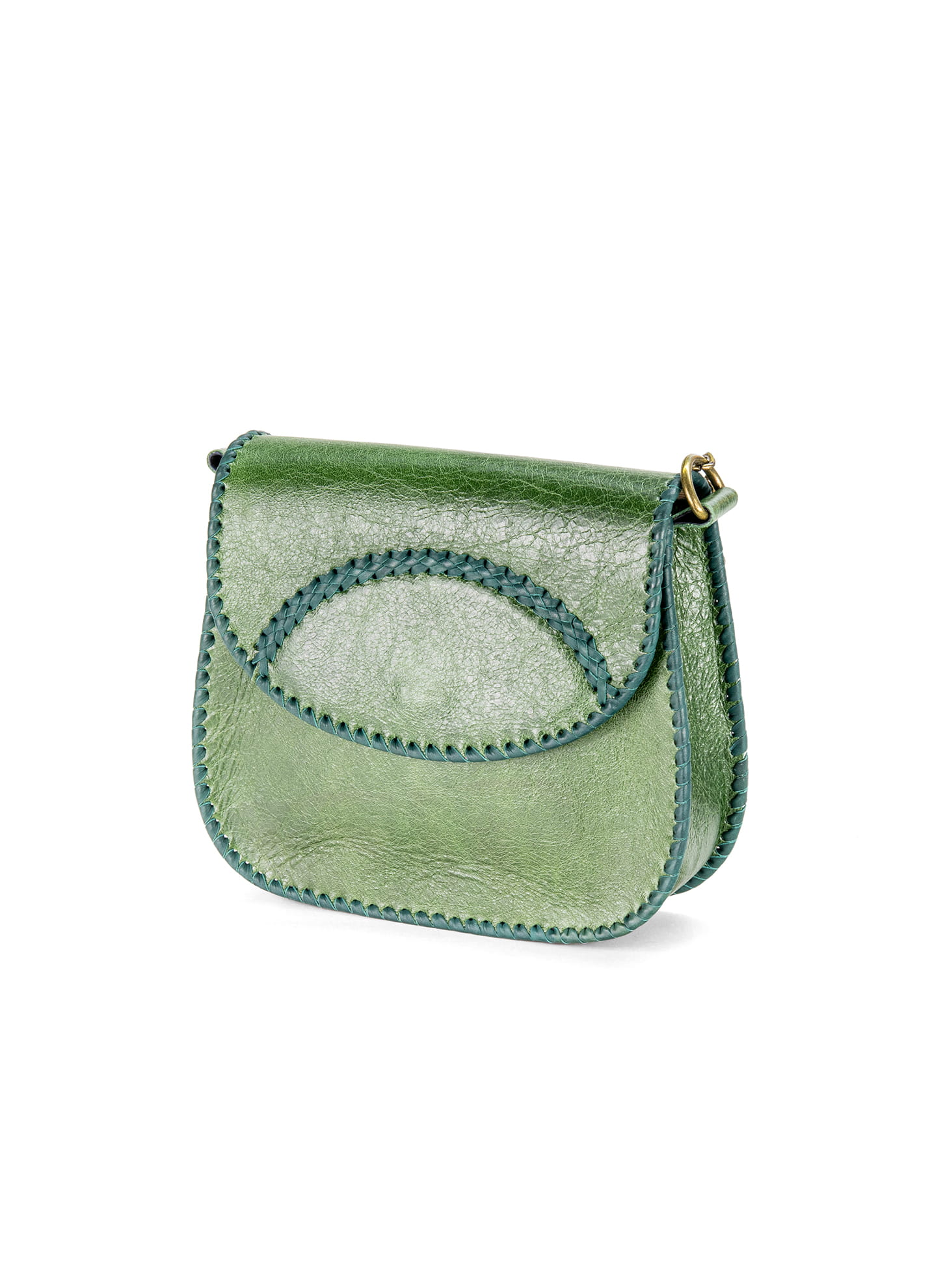 Sage green leather shoulder bag with curved stitching