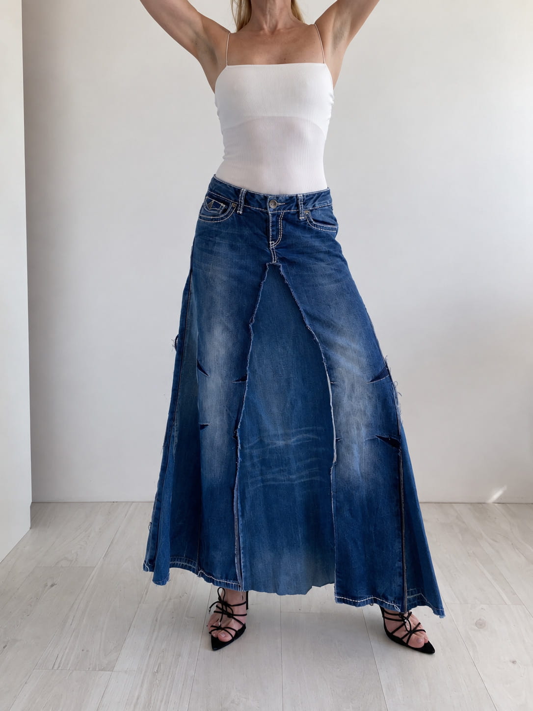 Sculpted denim maxi skirt with panelled front design